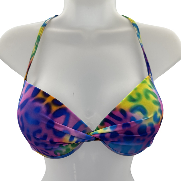 Relleciga Bikini Top Size Small Blue Leopard Strappy Back NWT Padded Push Up - Picture 1 of 9